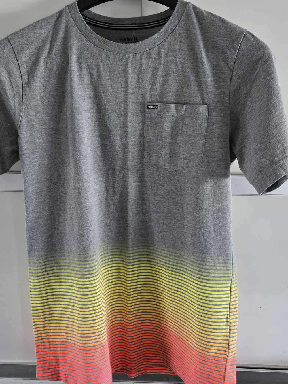 Hurley Men's Gray Pocket Tee with Yellow-Orange Ombre Stripe